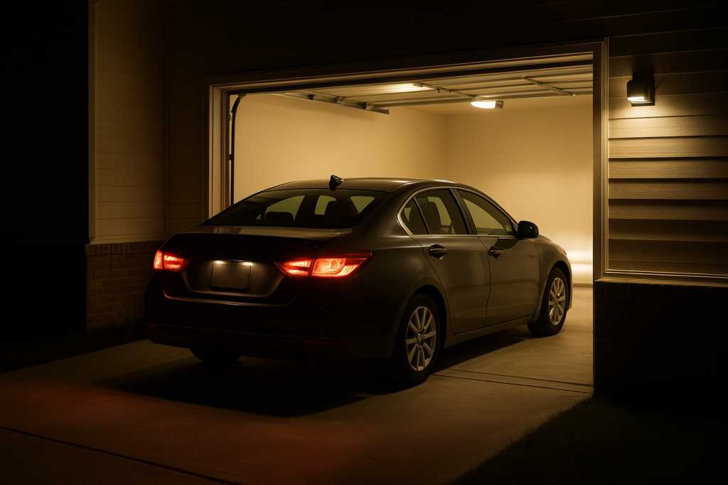Un automóvil entrando a un garaje de noche con las luces encendiéndose automáticamente al detectar el movimiento, mejorando la seguridad y comodidad del hogar