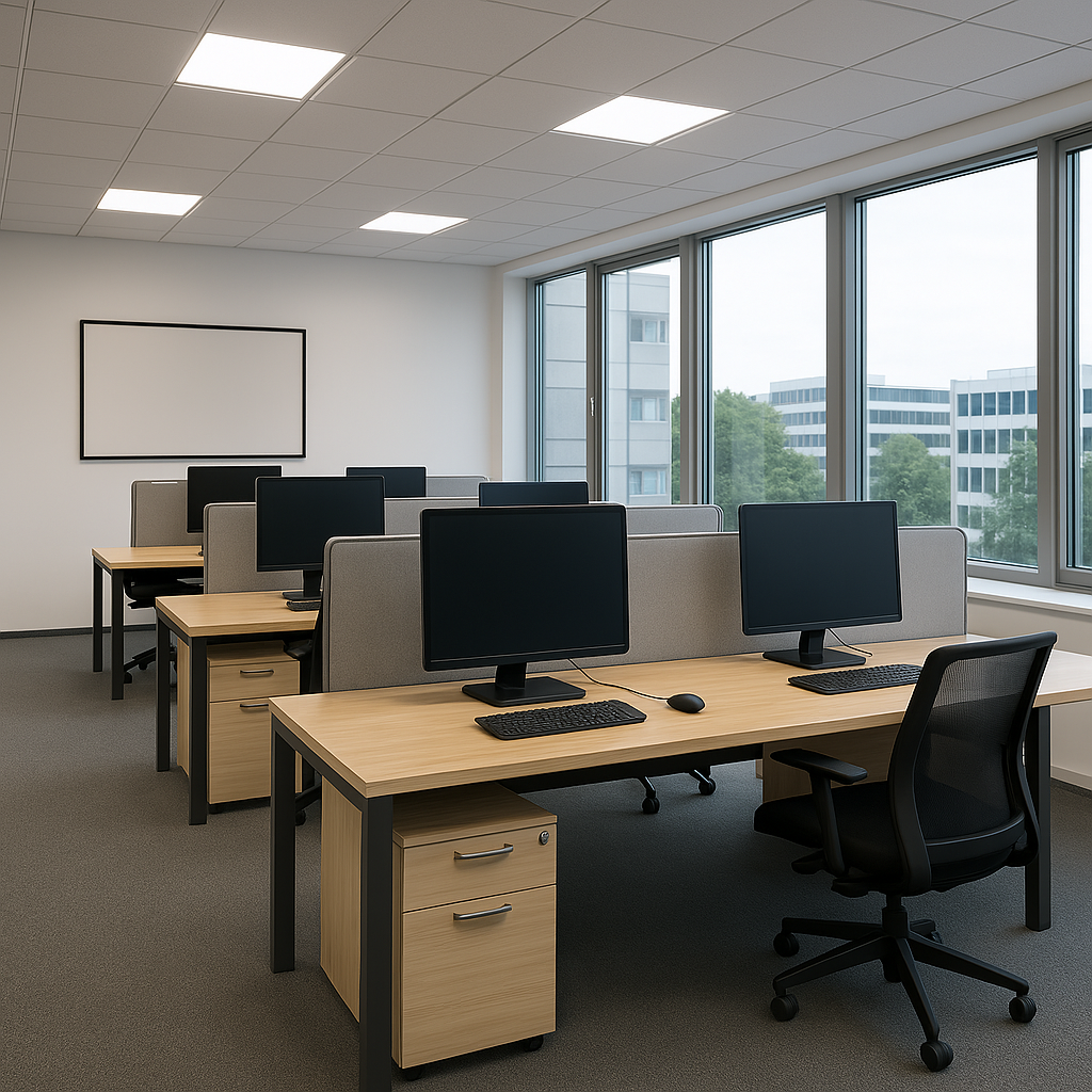 Oficina moderna y bien iluminada con un sistema de iluminación automática, escritorios organizados y una pantalla de computadora encendida.