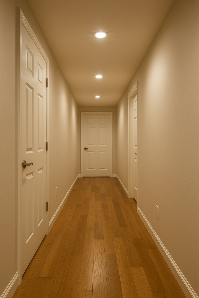 Pasillo residencial iluminado automáticamente con luces LED activadas por sensores de movimiento, optimizando la eficiencia energética y la seguridad del hogar.