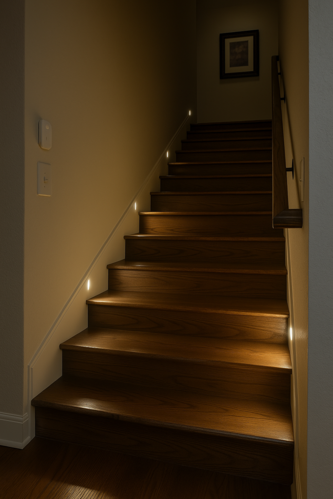 Escalera interior de una casa con luces LED activadas por sensores de movimiento, iluminando los escalones de manera automática y eficiente