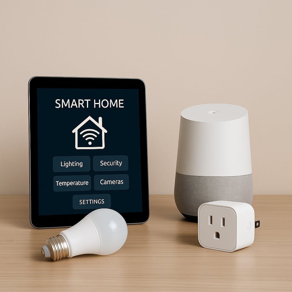 Dispositivos de hogar inteligente sobre una mesa, incluyendo un altavoz inteligente Google Home, una bombilla LED inteligente, un enchufe WiFi y una tableta mostrando una interfaz de control domótico