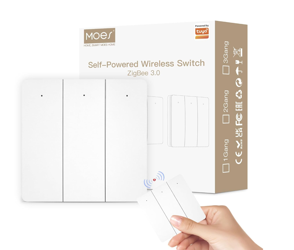 Interruptor Zigbee cinético Moes autoalimentado (sin baterías ni cables) de 3 botones, mostrando el producto blanco junto a su caja 'Self-Powered Wireless Switch ZigBee 3.0