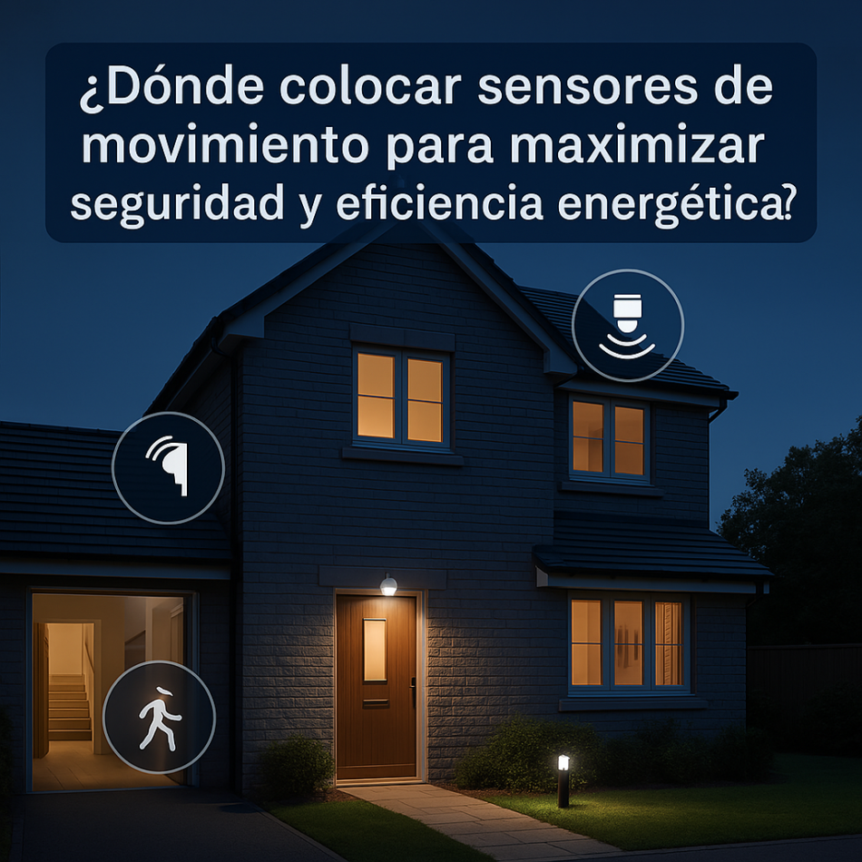 Vista nocturna de una casa moderna con sensores de movimiento activando la iluminación exterior, destacando la seguridad y eficiencia energética.