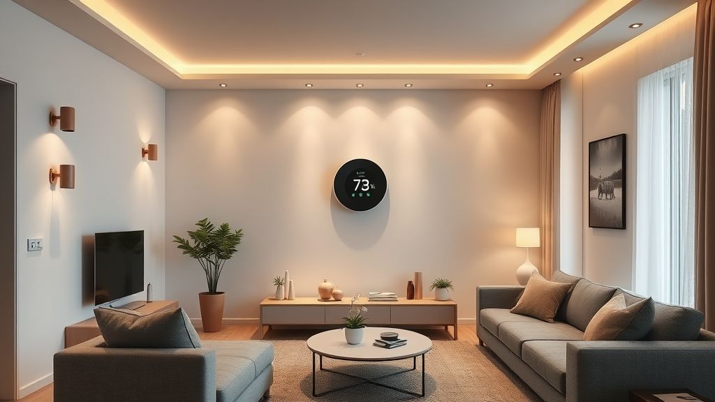 Sala de estar moderna con iluminación ambiental inteligente, termostato y altavoz inteligente, sugiriendo un hogar conectado